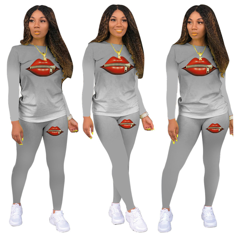 Classic Casual Lip Gradient Solid Color Two-Piece Set