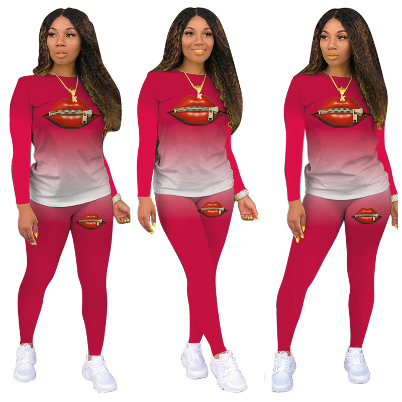 Classic Casual Lip Gradient Solid Color Two-Piece Set