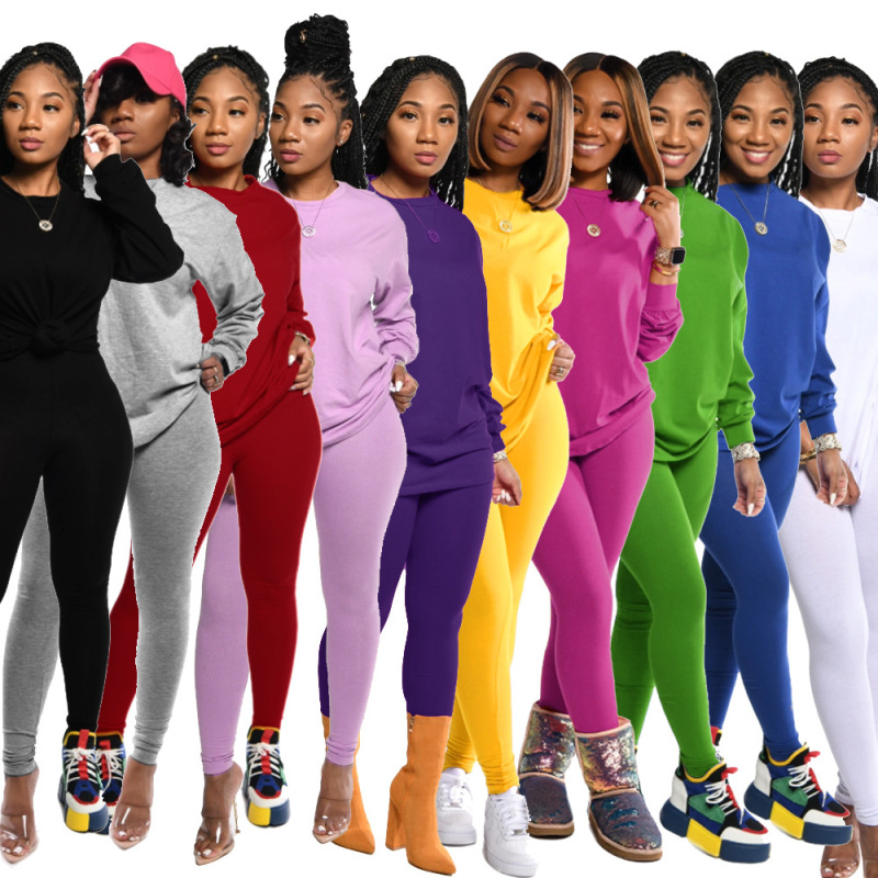 Solid-Color Long-Sleeved Pants Leggings Sport Suit