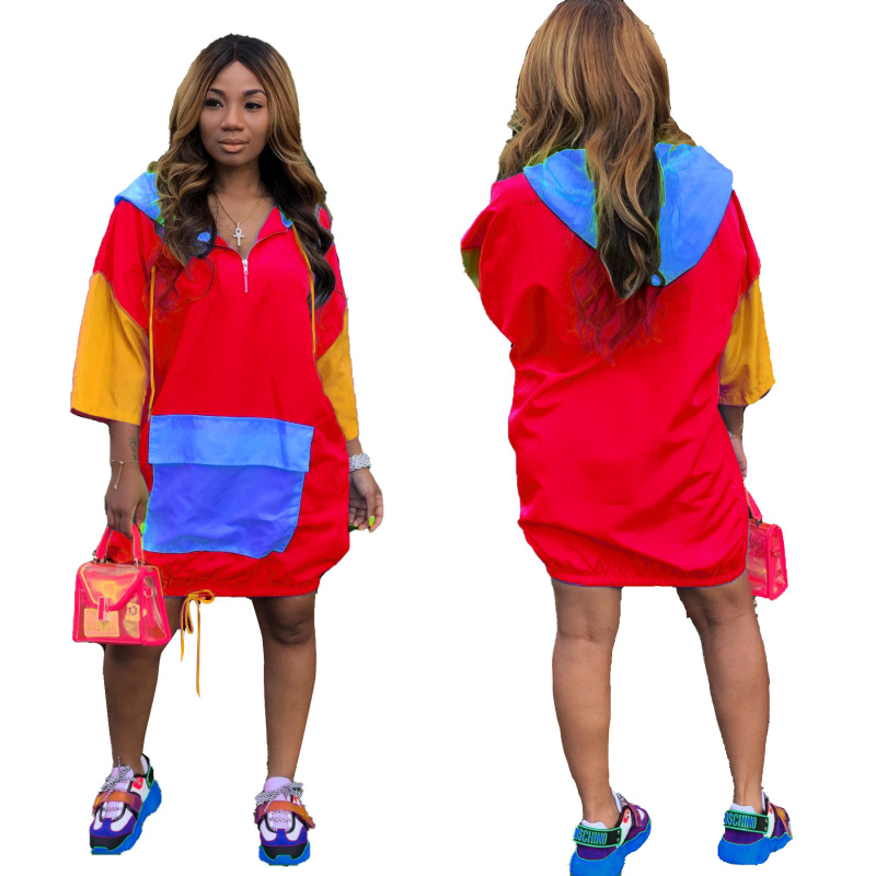 Loose-Fitting Mid-Sleeve Hooded Zipper Dress