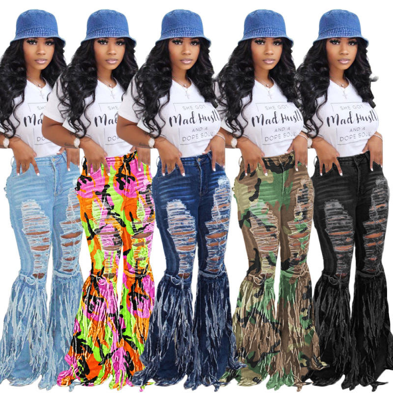 Denim Women Fringe Long Pants