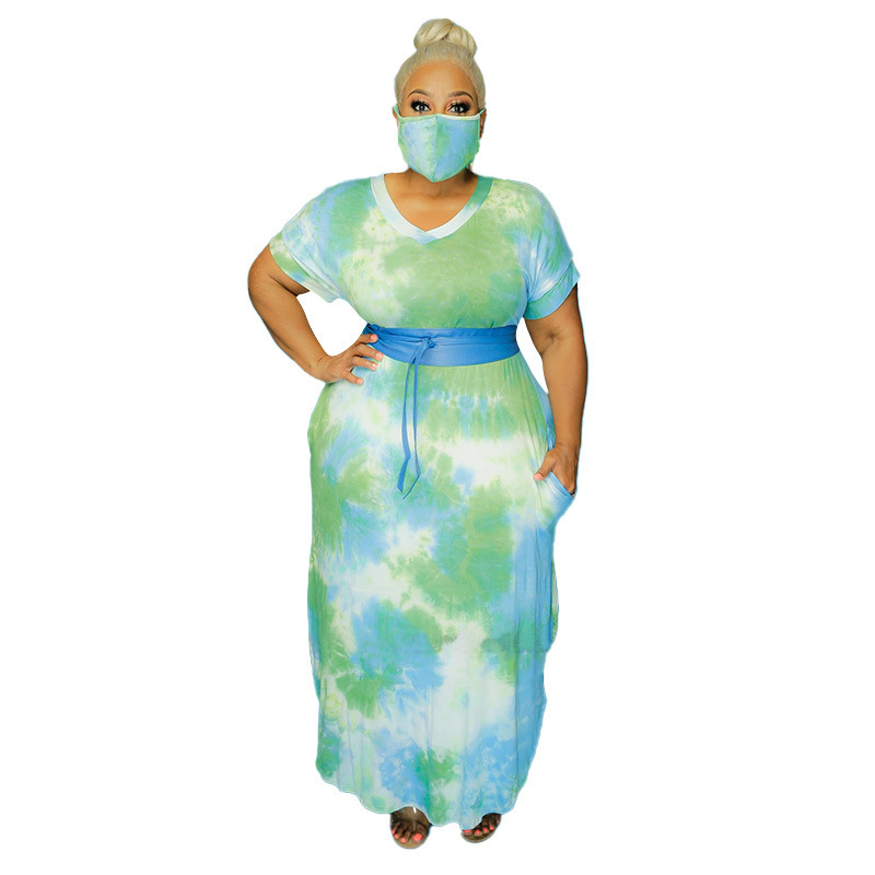 Tie-Dye Printed Loose V-Neck Causal Dress(With Pocket)