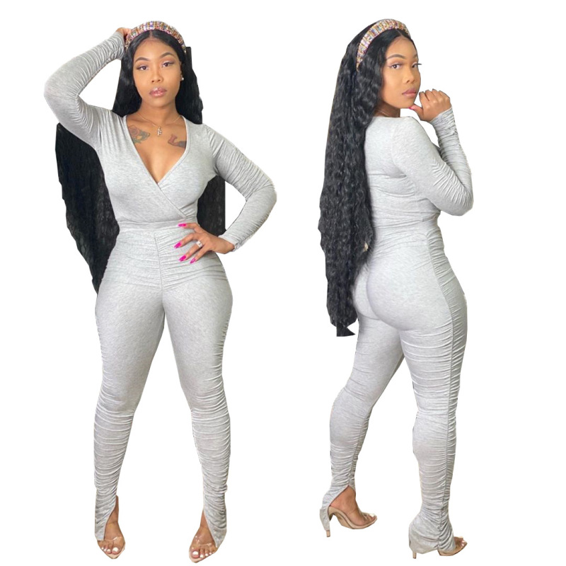 V-neck Long Sleeve Grey Jumpsuit