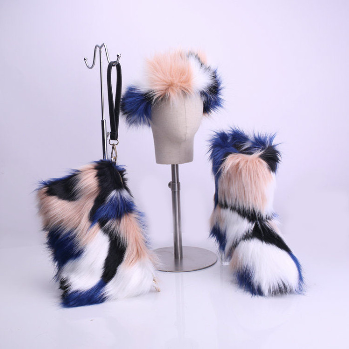 3 Piece Fashion Fur Set(Include Hat,bag,Slippers)