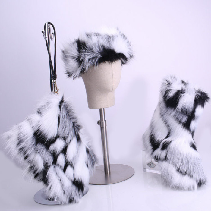 3 Piece Fashion Fur Set(Include Hat,bag,Slippers)