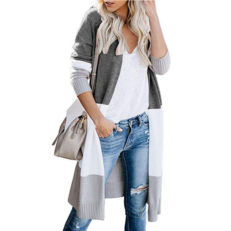 Colorblock Knitted Maxi Long Cardigan 