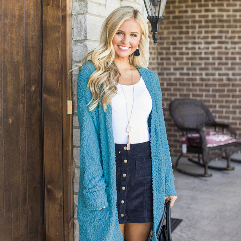 Solid Color Long Sweater Coat With Pocket