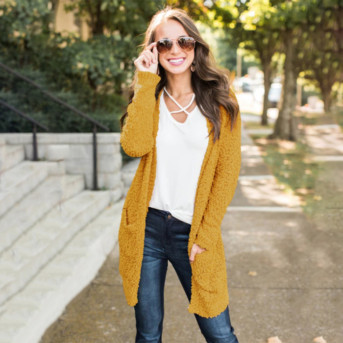 Solid Color Long Sweater Coat With Pocket