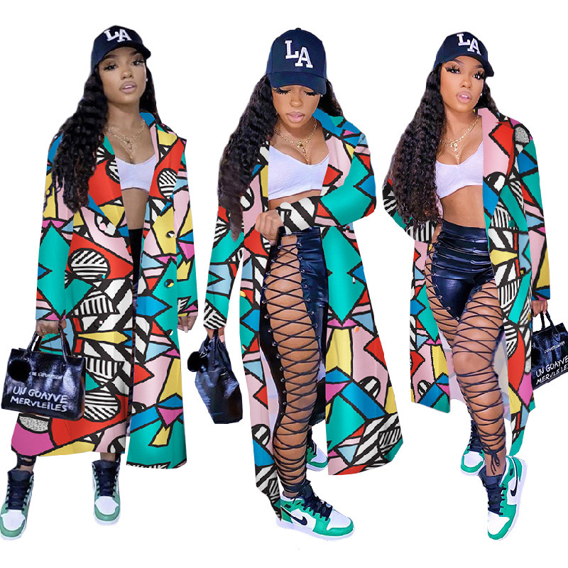 Fashion Colorblock Print Long Coat