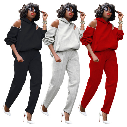 Solid Color Zipper Shoulder Hooded Top Two Piece Outfits