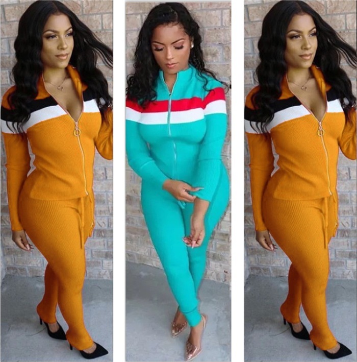 Colorblock Zipper Casual Two Piece Outfits 