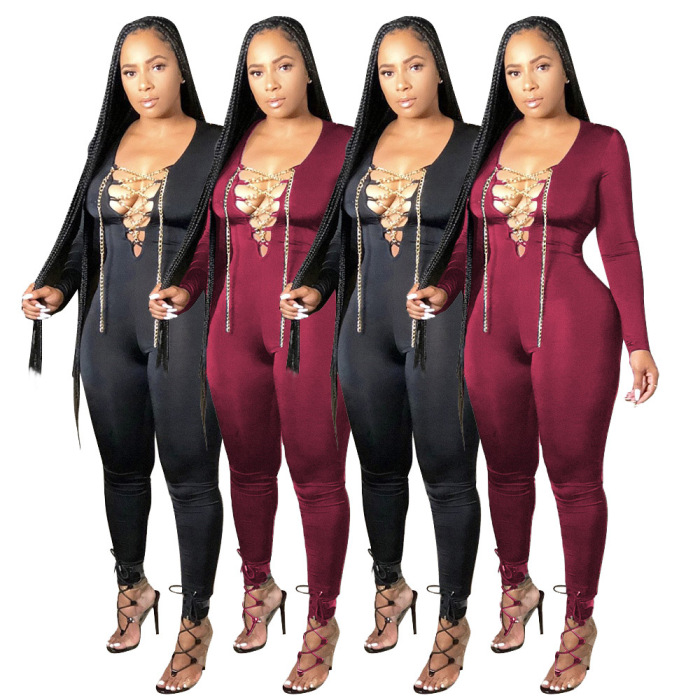 Solid Color Sexy Strapy Long Sleeve Jumpsuit