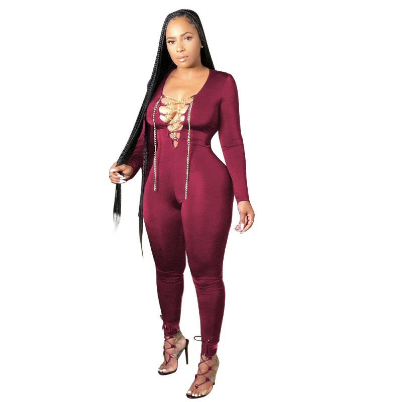 Solid Color Sexy Strapy Long Sleeve Jumpsuit