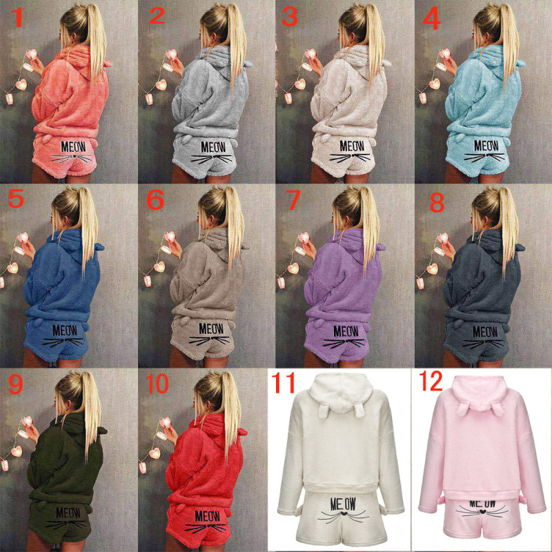Cat Pattern Cozy Plush Night Wear Two Pieces Set