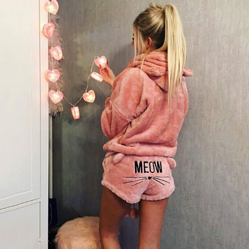 Cat Pattern Cozy Plush Night Wear Two Pieces Set