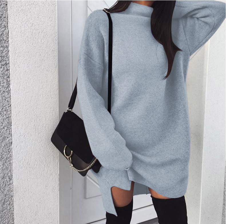 Long Sleeve High Neck Slit Knit Causal Dress 