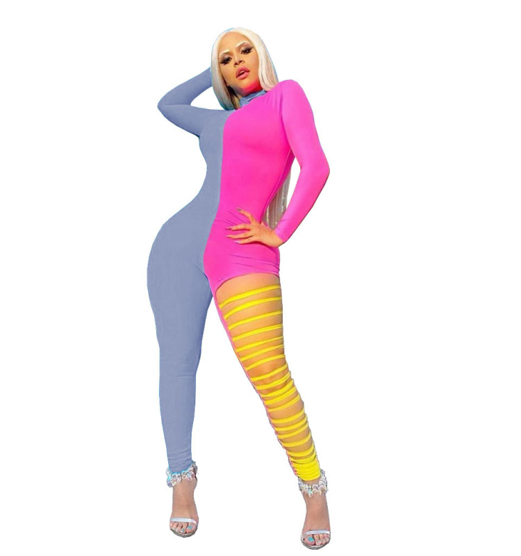 Fashion Colorblock Zipper Jumpsuit