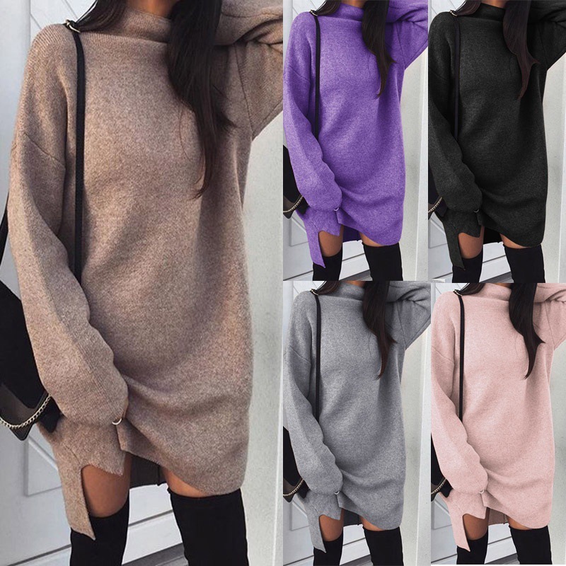 Long Sleeve High Neck Slit Knit Causal Dress 