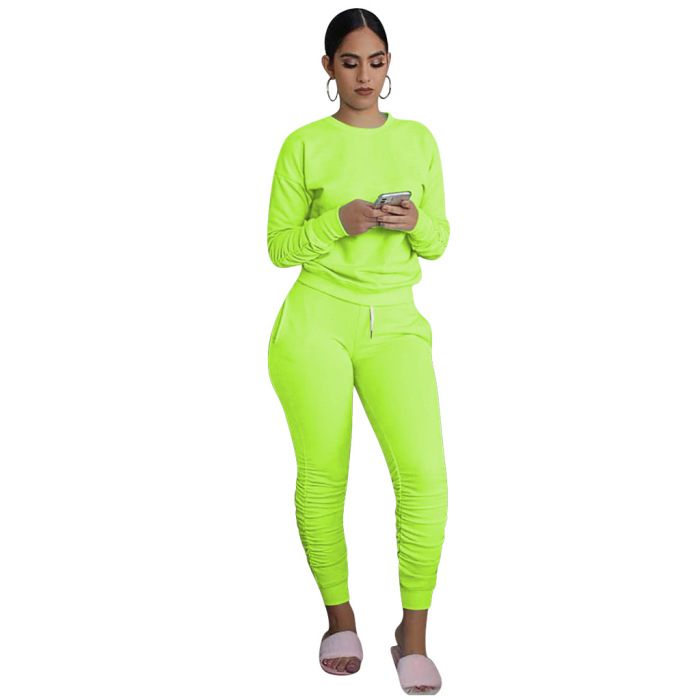 Solid Color O-Neck Sporty Two pieces Outfit