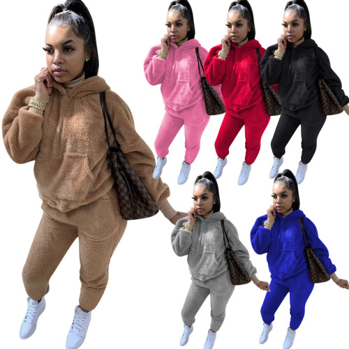Solid Color Plush Hoodie Two pieces Outfit