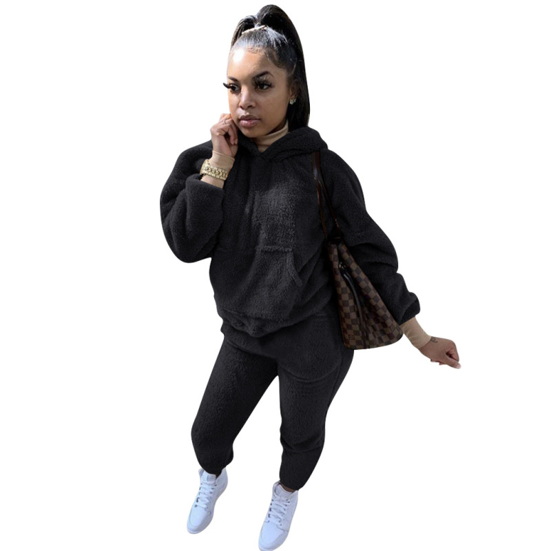 Solid Color Plush Hoodie Two pieces Outfit