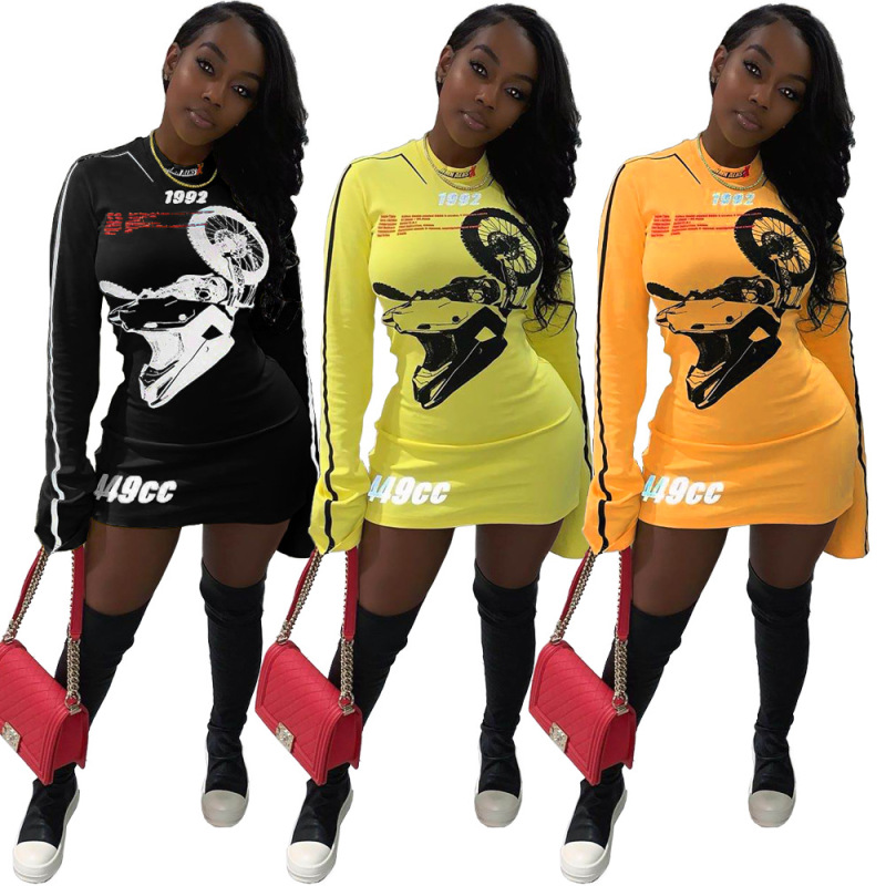 Long Sleeve Fashion Locomotive Print Short Dress