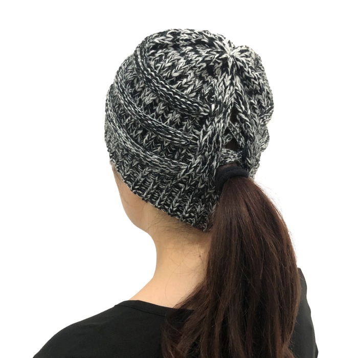 Winter Cross Ponytail Knitted Hat with Back Opening for Ponytail Hair