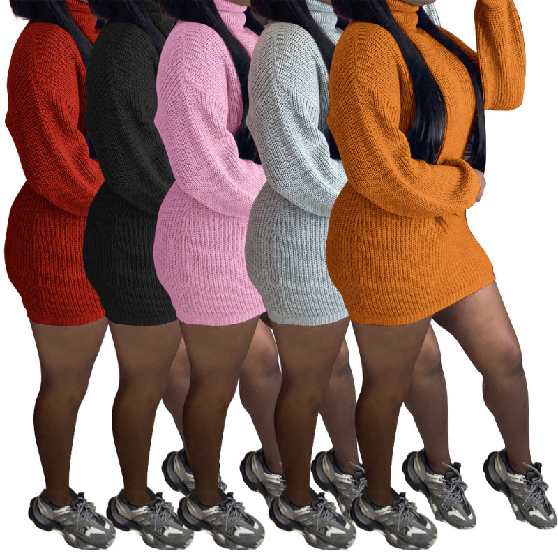  High Neck Long Sleeve Solid Color Sweater Dress