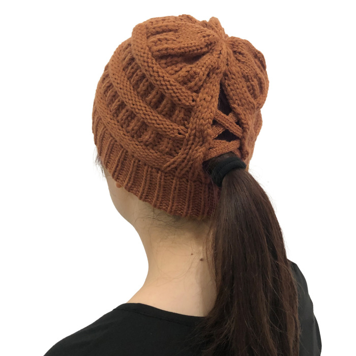 Winter Cross Ponytail Knitted Hat with Back Opening for Ponytail Hair