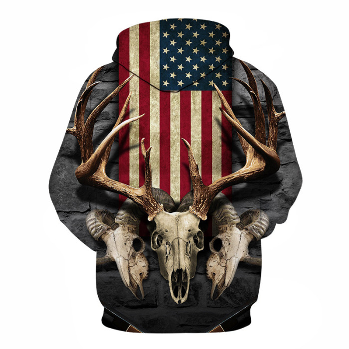 Spring and Autumn New Flag and Deer Skull 3D Long-sleeved Hooded Sweater