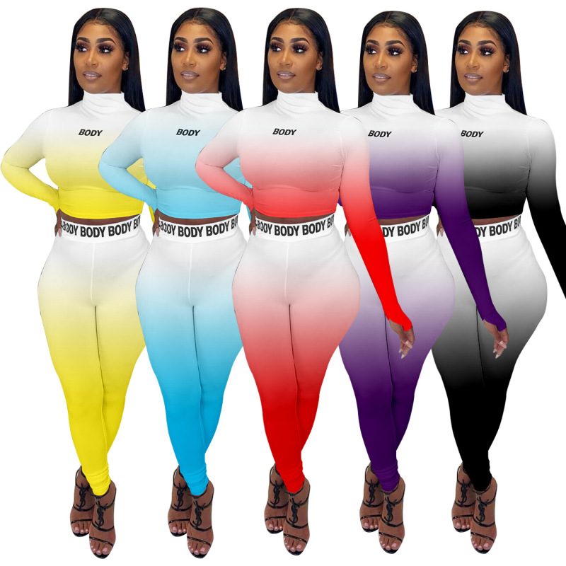 Fashion High Neck Gradient Two pieces Outfits