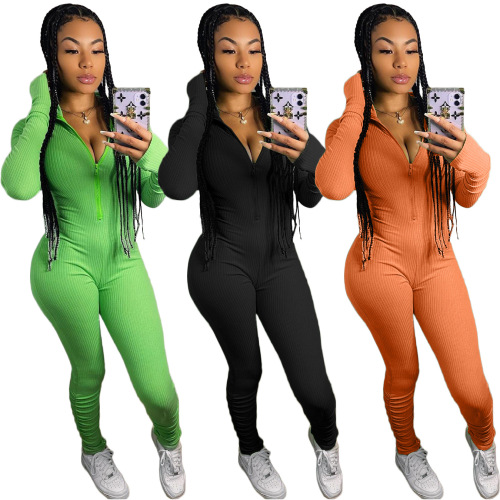 Solid Color Stand-up Collar Zipper Sporty Jumpsuit