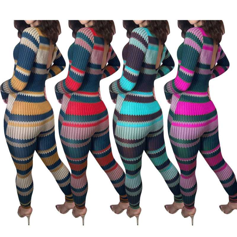 Fashion Colorblock Back Button Sweater Jumpsuits