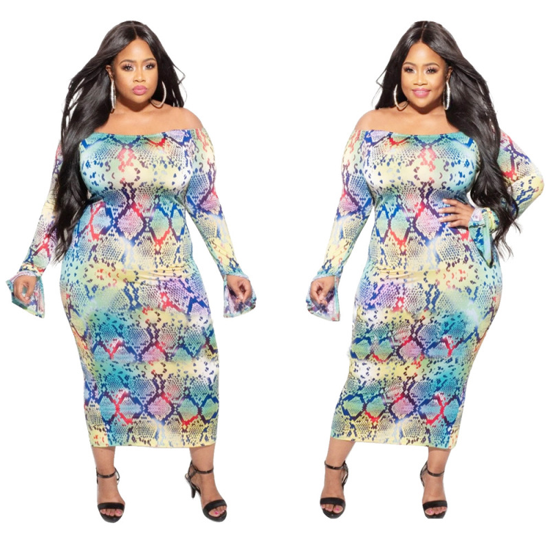 One Shoulder Print Long Sleeve Plus Size Dress