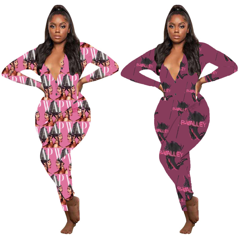 Long Sleeve Casual Print Jumpsuit 