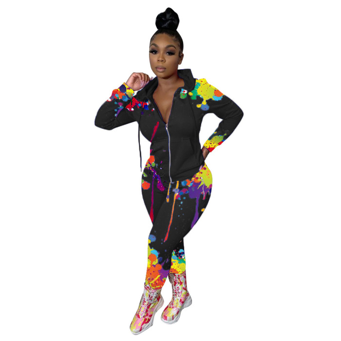 Sporty Colorful Print Hoodie Two pieces Outfits