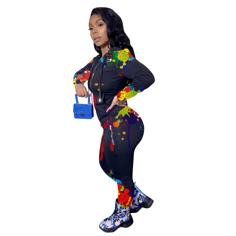 Sporty Colorful Print Hoodie Two pieces Outfits