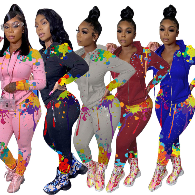 Sporty Colorful Print Hoodie Two pieces Outfits