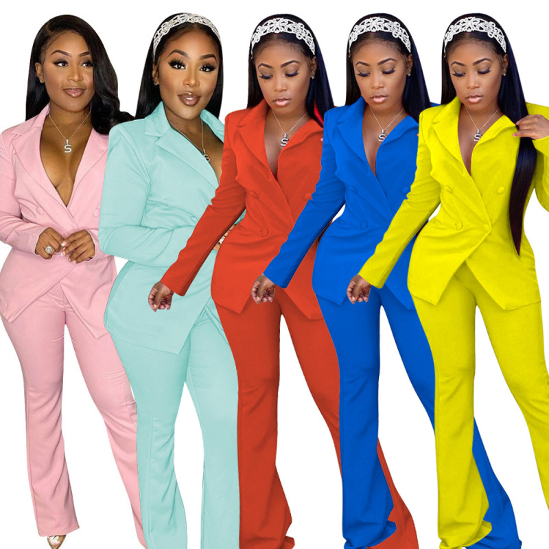 Casual Solid Color Business Suit  V-Neck Two Piece Set