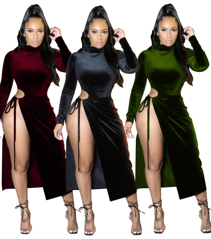 Sexy Long Sleeve One Side High Slit Velvet Dress