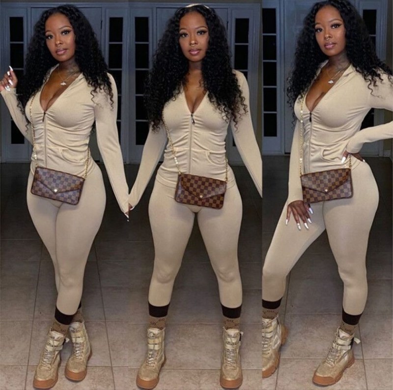 Solid Color Zipper-Neck Two pieces Sets