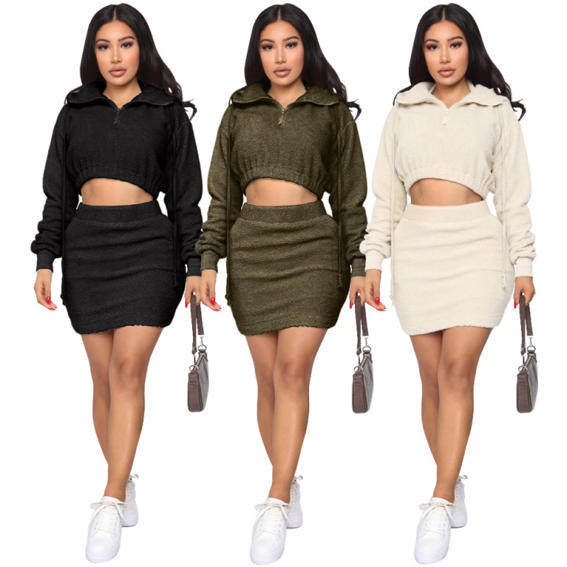Plush Zipper-Neck Hoddie Two pieces Outfit