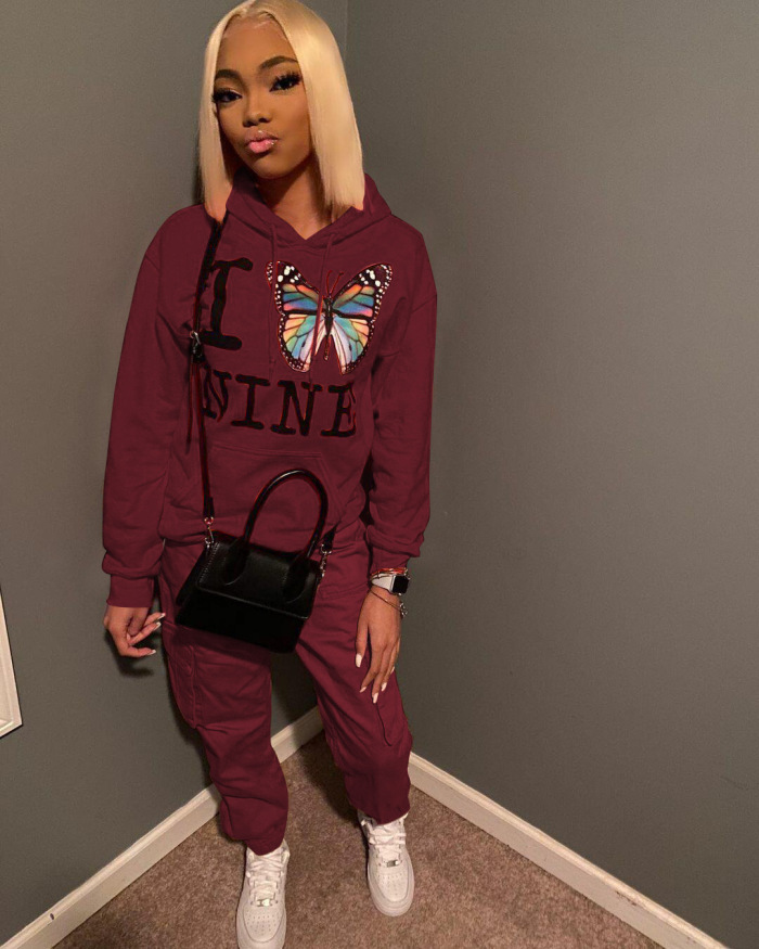 Letter Butterfly Print Hoodies Two pieces Outfit