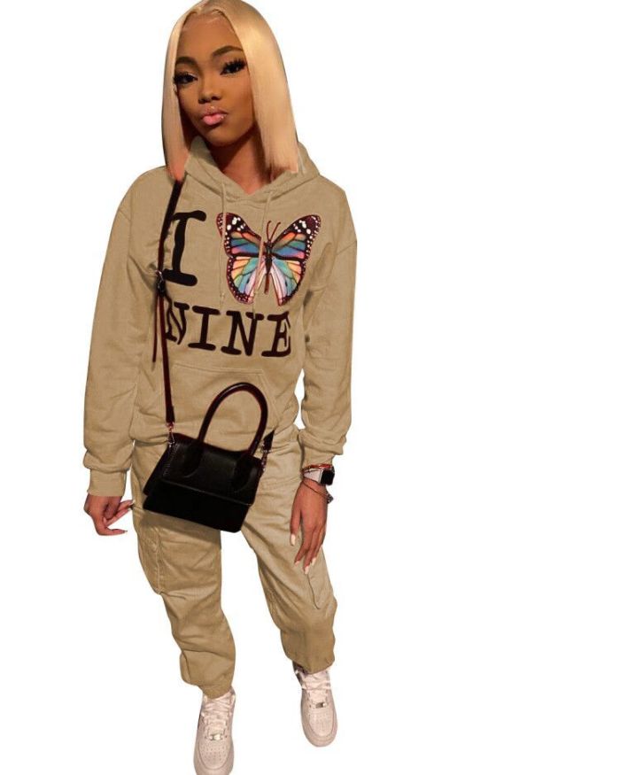 Letter Butterfly Print Hoodies Two pieces Outfit