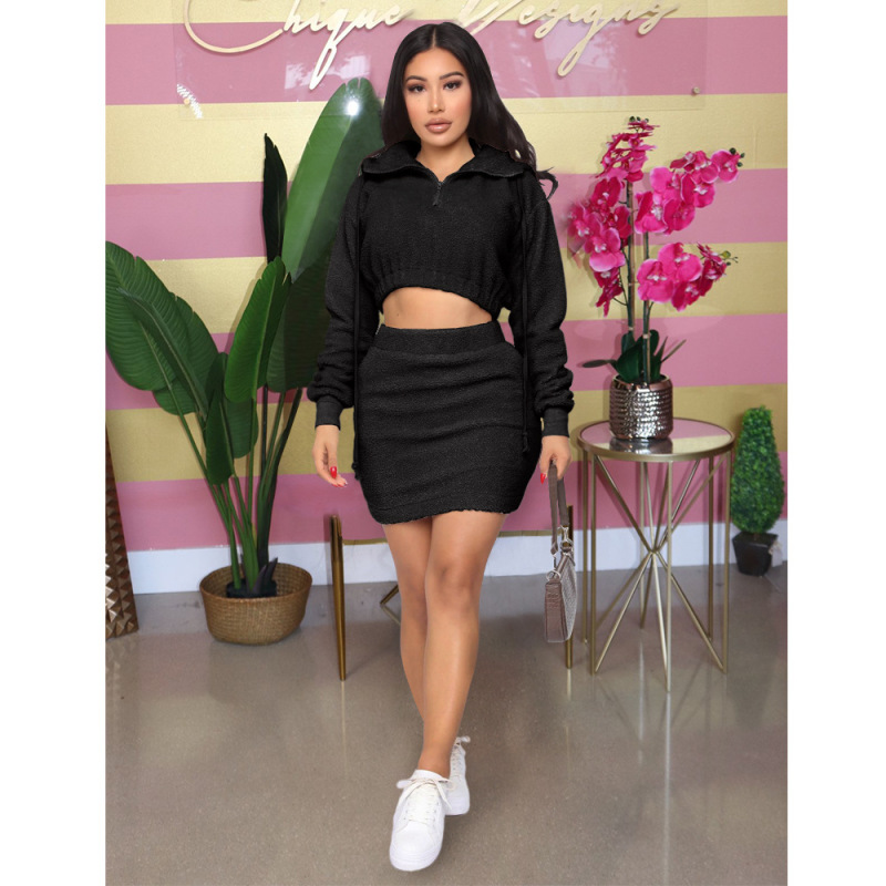 Plush Zipper-Neck Hoddie Two pieces Outfit