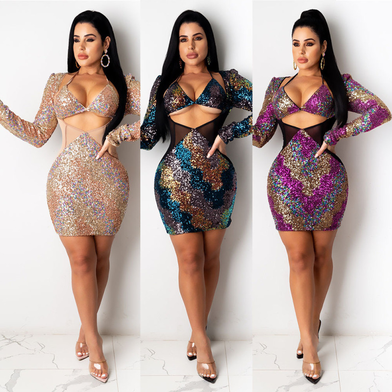 Sexy Sequin Club Mini Dress With Shining Bra