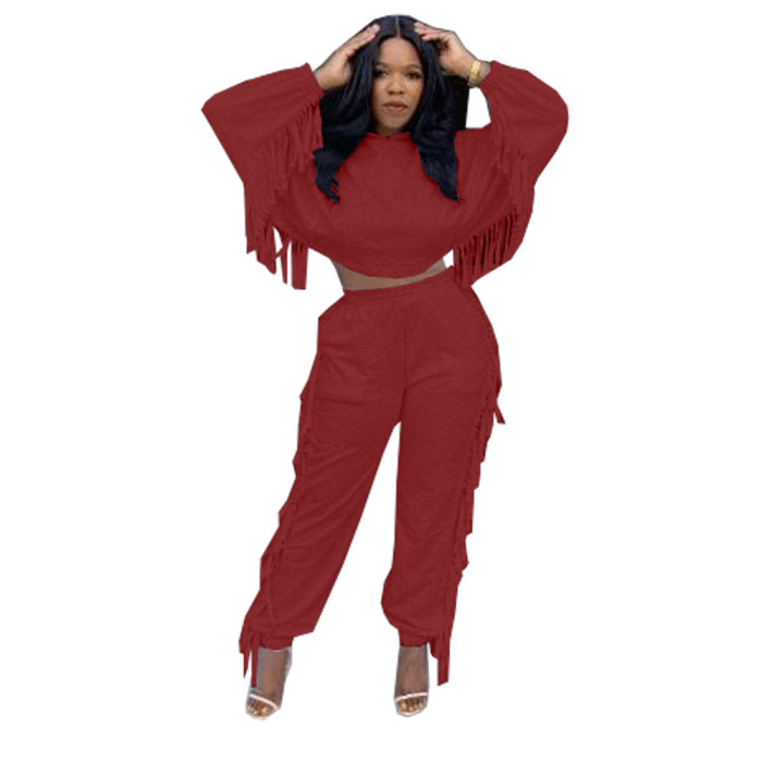 Solid Color Tassel Hoodies Casual Two Piece Set