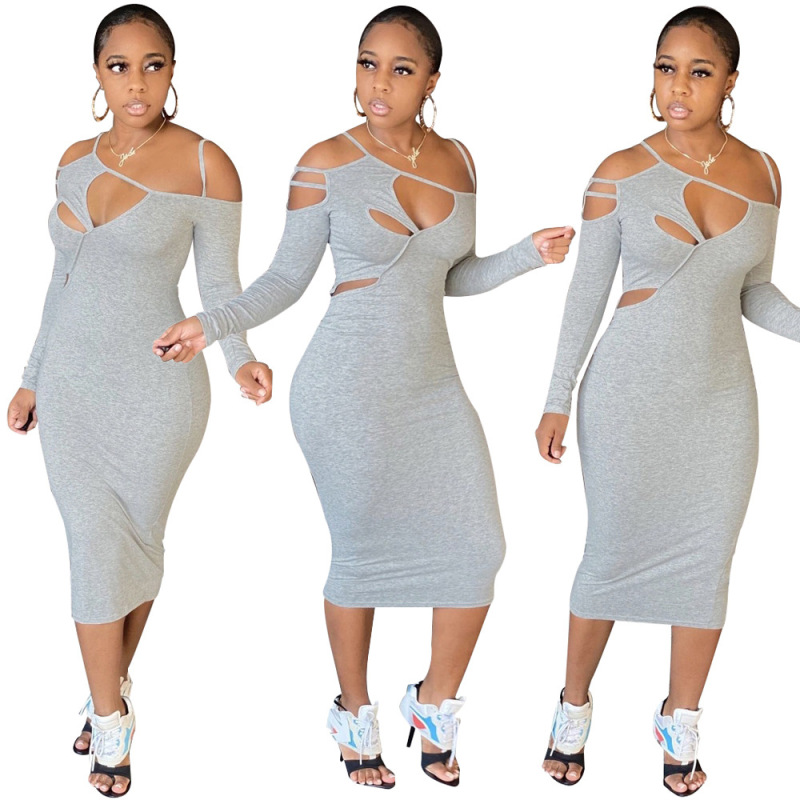 Hollow Out Solid Color One Piece Dress