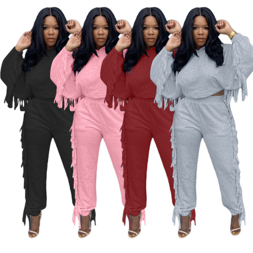 Solid Color Tassel Hoodies Casual Two Piece Set