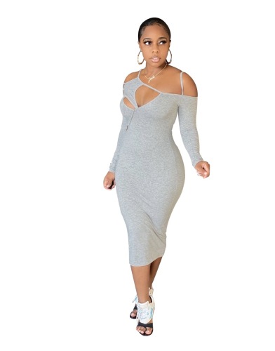Hollow Out Solid Color One Piece Dress